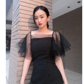 ĐẦM THẮT NƠ EO PHỐI TAY SHEER - D1118