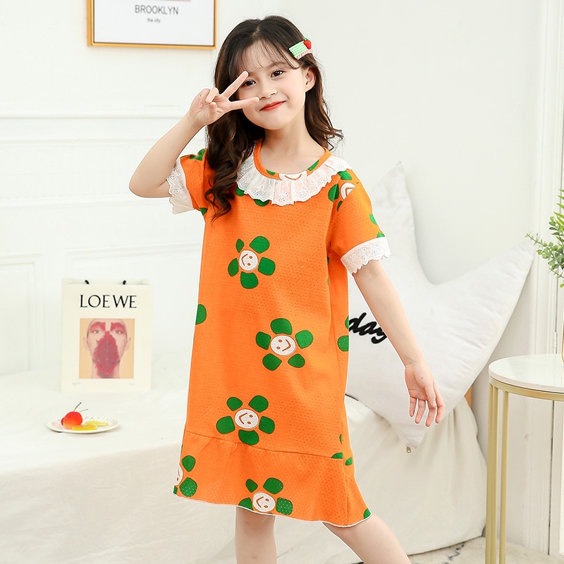 Đồ ngủ dáng chữ A chất liệu cotton phối ren in họa tiết hoạt hình 2021 dành cho bé gái 2-12 tuổi