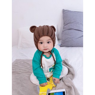NÓN LEN GẤU CỘT DÂY KUTE CHO BÉ Len37