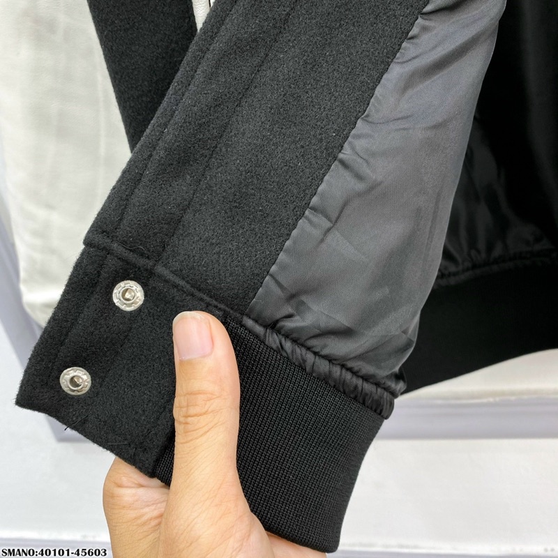 Áo khoác Varsity Jacket dạ nam nữ ngực thêu chữ da phối tay da trắng thêu logo bo chun sọc viền cao cấp