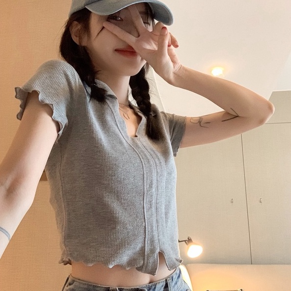 【ZHELIHANGFEI】Áo Thun POLO Dệt Kim Ngắn Tay Hở Eo Quyến Rũ