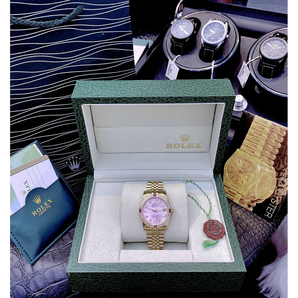 Đồng hồ chính hãng, đồng hồ đeo tay nữ ROLEX full box viền xoàn cao cấp, kính Sapphire mặt xanh cổ điển, siêu đẹp