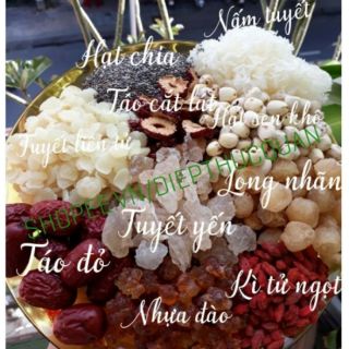 Combo sét chè dưỡng nhan: tuyết yến, bồ mễ, nhựa đào, kì tử.... Date luôn cập nhật mới.