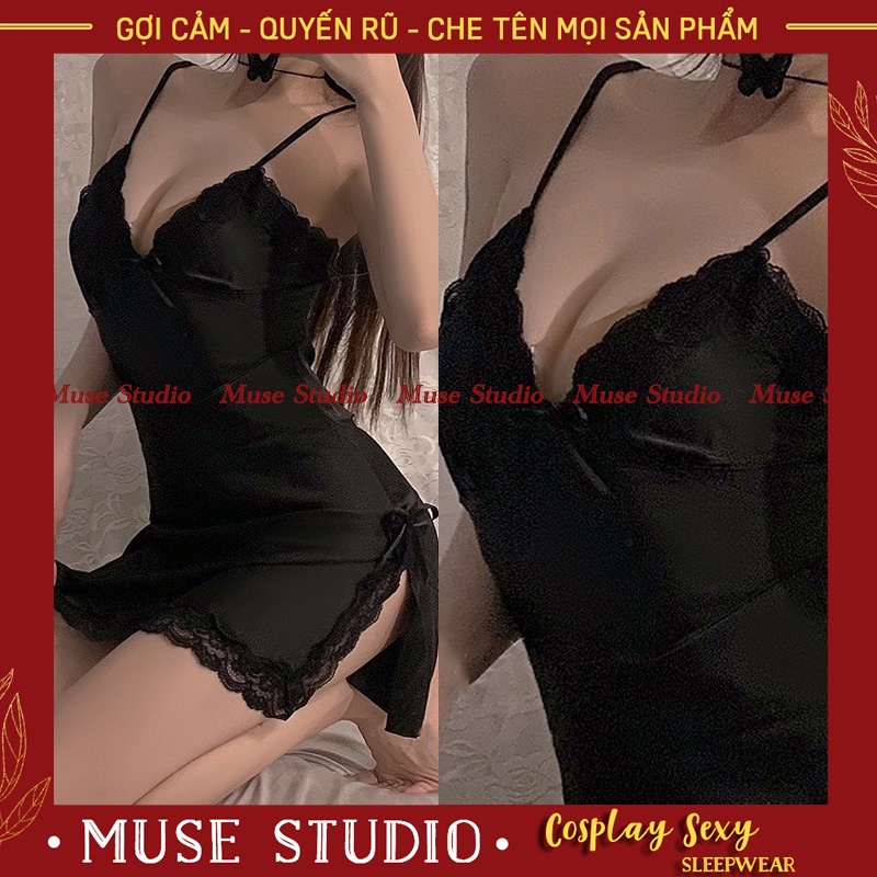 Váy ngủ sexy, đầm ngủ gợi cảm vải phi bóng mềm đẹp xẻ hai bên đùi đính nơ MUSE STUDIO