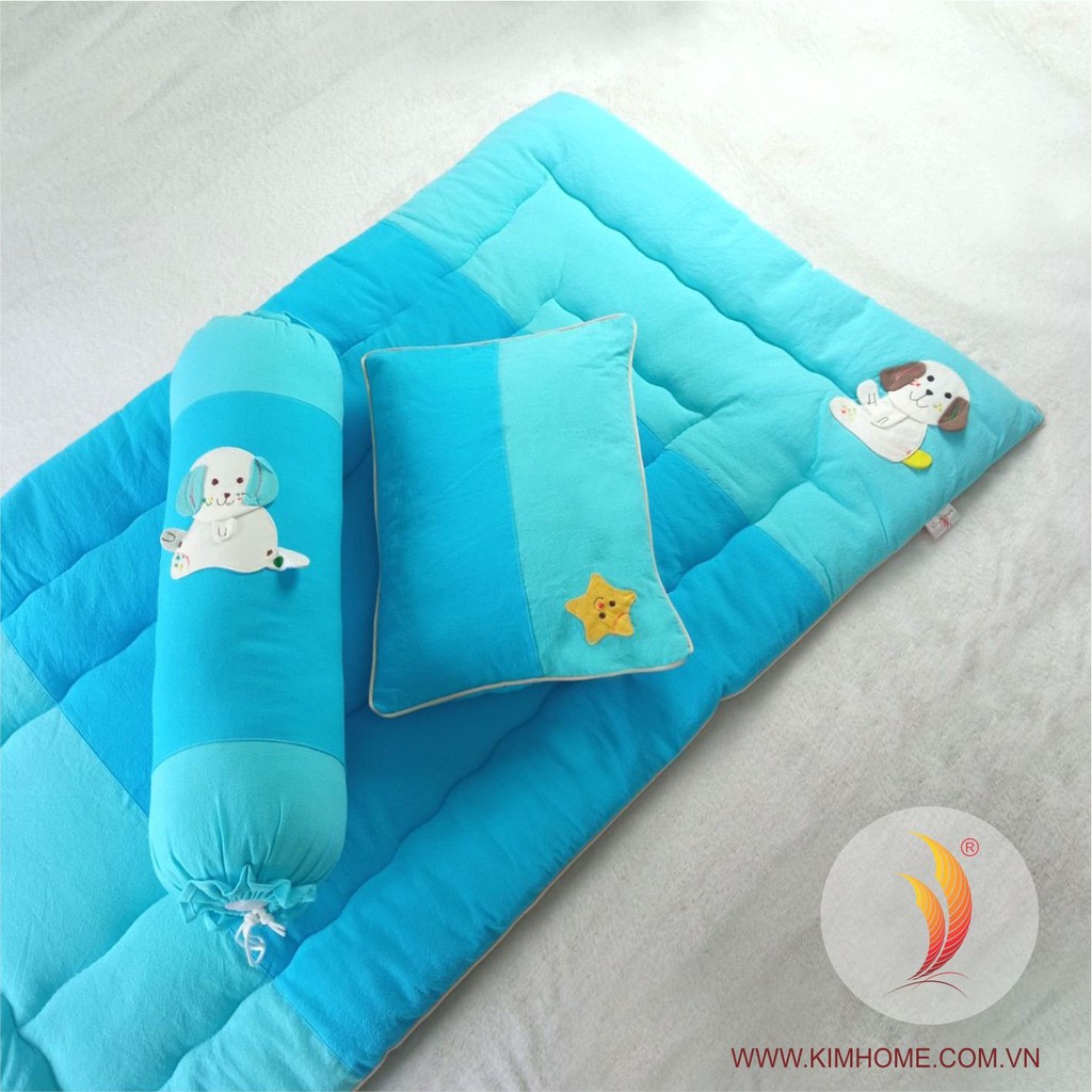 Bộ gối nệm 3 chi tiết vải cara Kim Home cho bé đi trường mẫu giáo, nhà trẻ