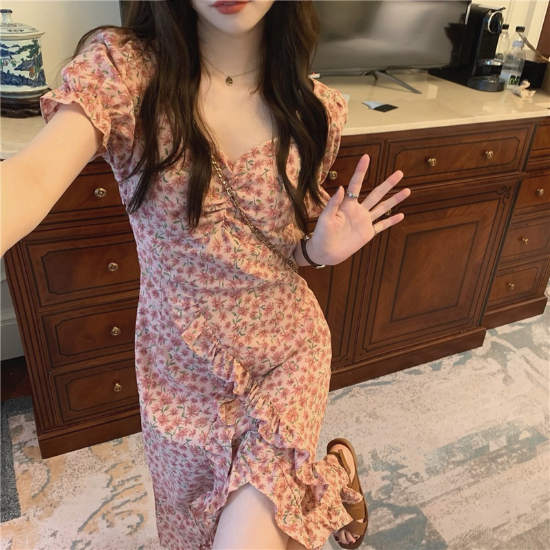 Đầm Voan Hoa Cổ Chữ V Tay Phồng Xẻ Tà Thời Trang Pháp Sang Trọng Cho Nữ 52883