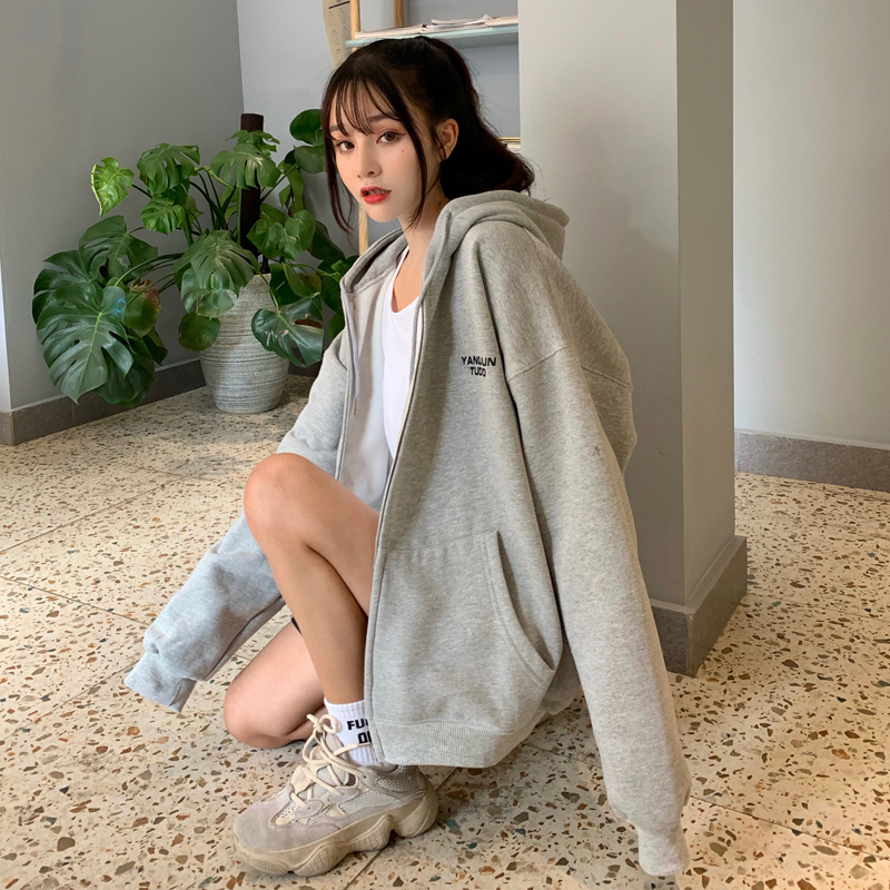 SUXI Áo khoác sweater dáng rộng tay dài in họa tiết chữ phối khóa kéo trẻ trung cho nữ