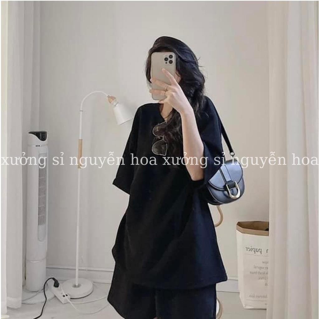 Bộ áo thun tay lỡ dáng rộng kèm quần đùi chất xốp mát form unisex 2 màu trắng đen nam nữ mặc được Xưởng Sỉ Nguyễn Hoa