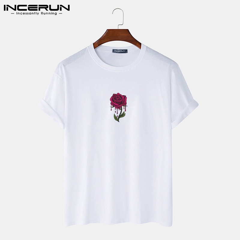 Áo thun INCERUN ngắn tay in hình hoa hồng thời trang thường ngày phong cách đơn giản cho nam