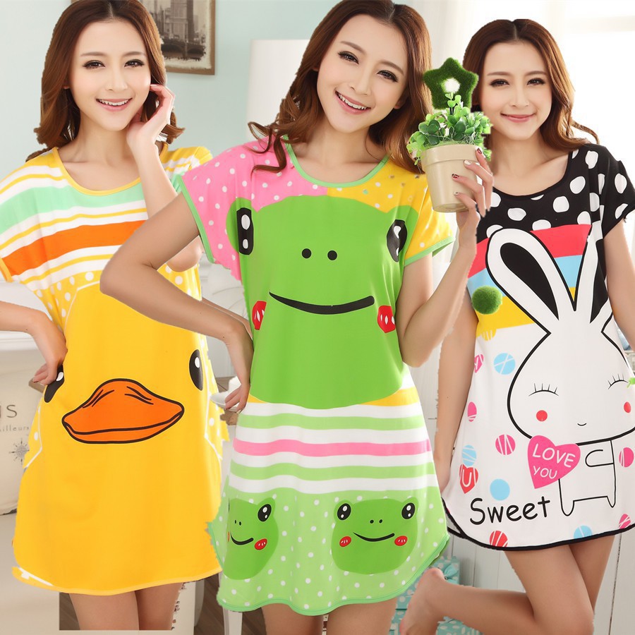 Đầm ngủ cổ tròn tay ngắn họa tiết hoạt hình dễ thương cho nữ | BigBuy360 - bigbuy360.vn