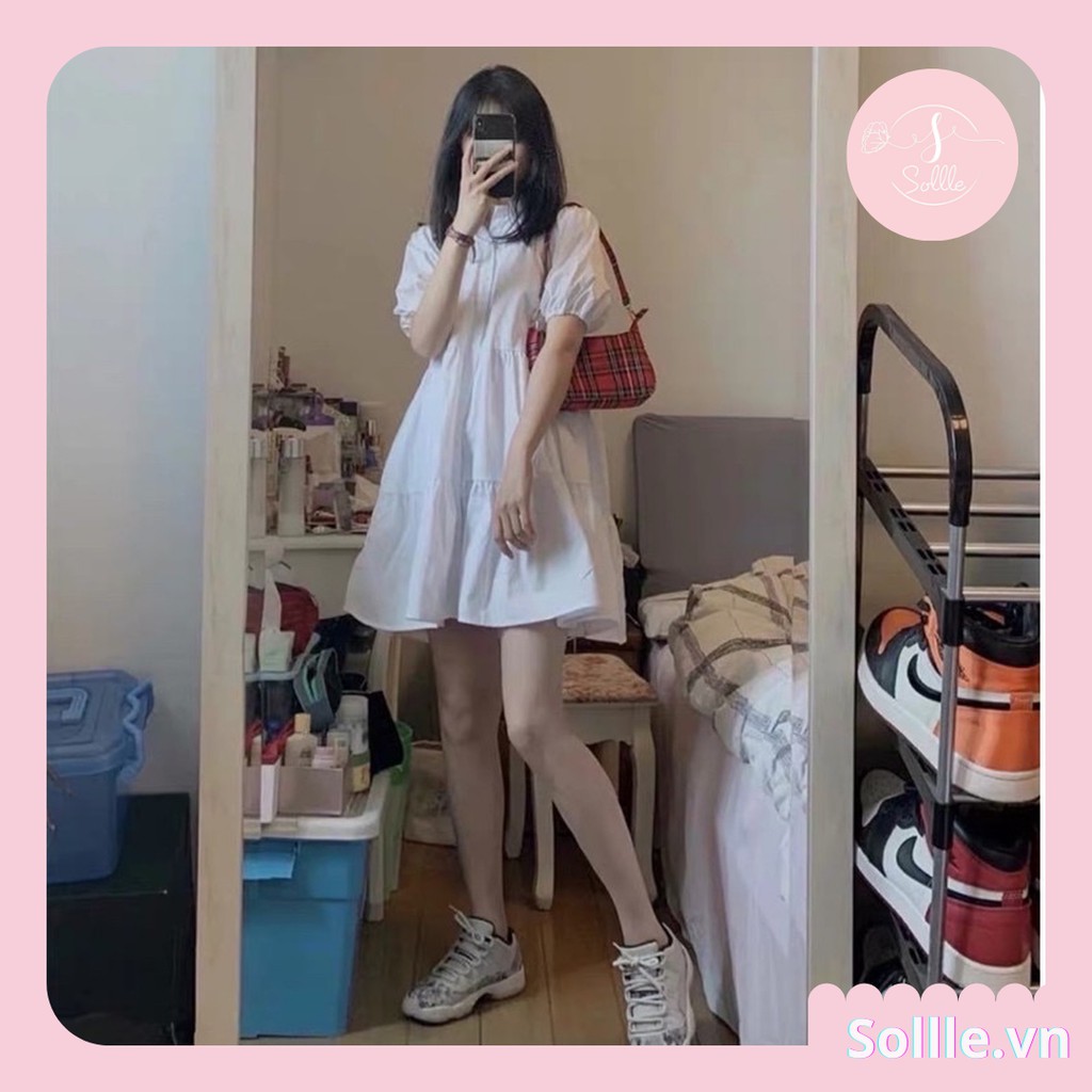 Váy sơ mi cổ đức ngắn tay Ulzzang, Đầm baby doll tay phồng oversize Sollle