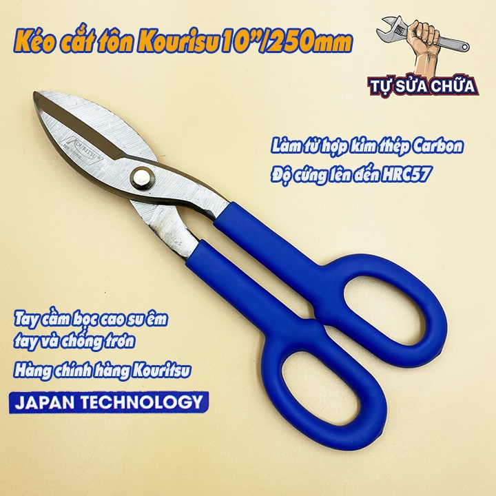 Kéo cắt tôn sắt thép kiểu Mỹ Kouritsu 10"/250mm chuyên dùng cắt kim loại độ dày từ 0-10mm lưỡi sắc tay cầm bọc cao su