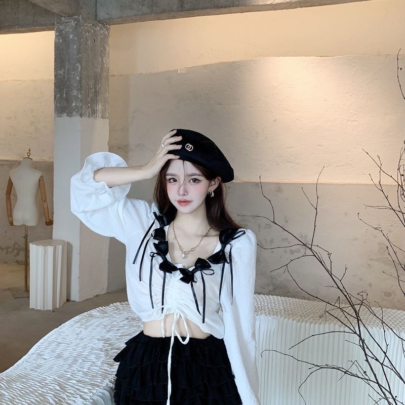 Áo Kiểu Dây Rút Xếp Ly Ôm Dáng Màu Sắc Tương Phản Họa Tiết Kẻ Sọc Phối Nơ Xinh Xắn Cho Nữ