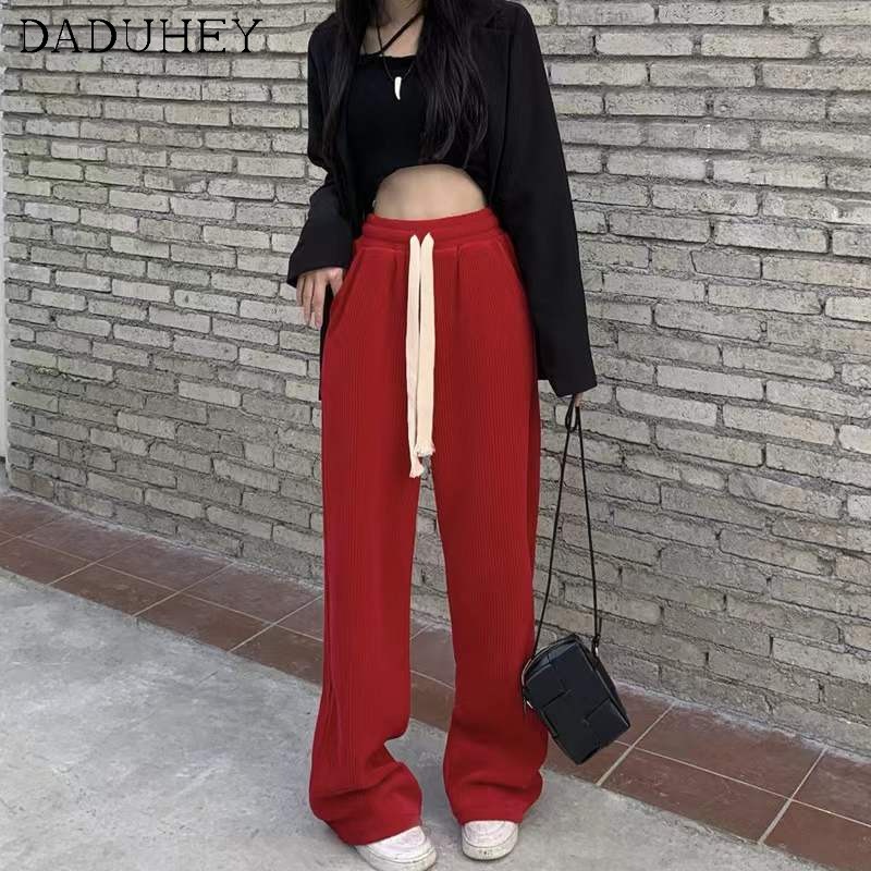 Daduhey Quần ống rộng chenille dáng suông rũ cạp cao thời trang mới thường ngày 2022