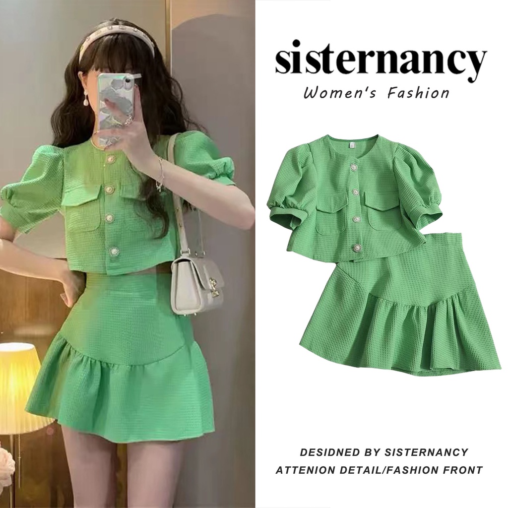 Set đồ COZOKC gồm áo sơ mi tay ngắn và chân váy lưng cao thời trang dành cho nữ