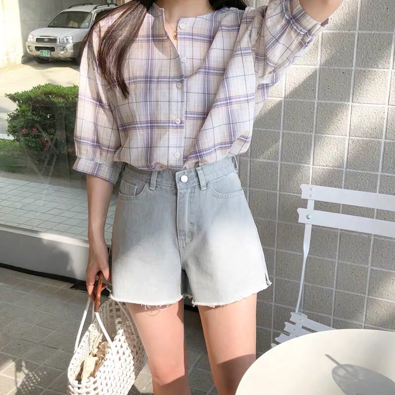 Áo sơ mi kẻ nữ cổ tàu style ulzzang