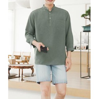 Áo sơ mi nam cổ tàu cổ trụ dài tay màu xanh rêu