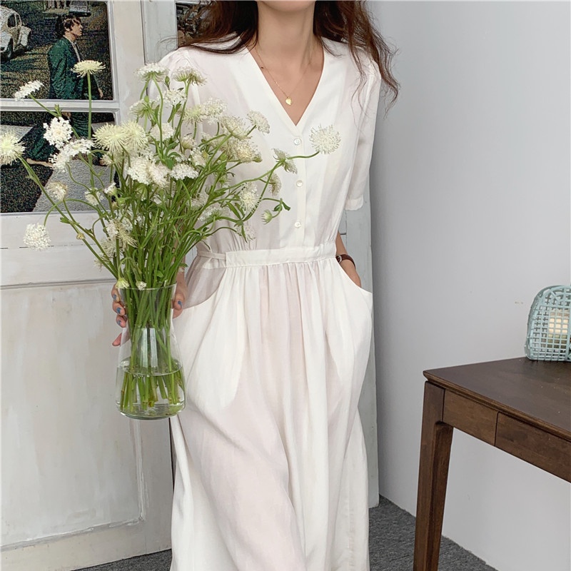 SUXI Đầm Midi Cổ Chữ V Màu Sắc Đơn Giản Phong Cách Hàn Quốc Cổ Điển Thời Trang Cho Nữ