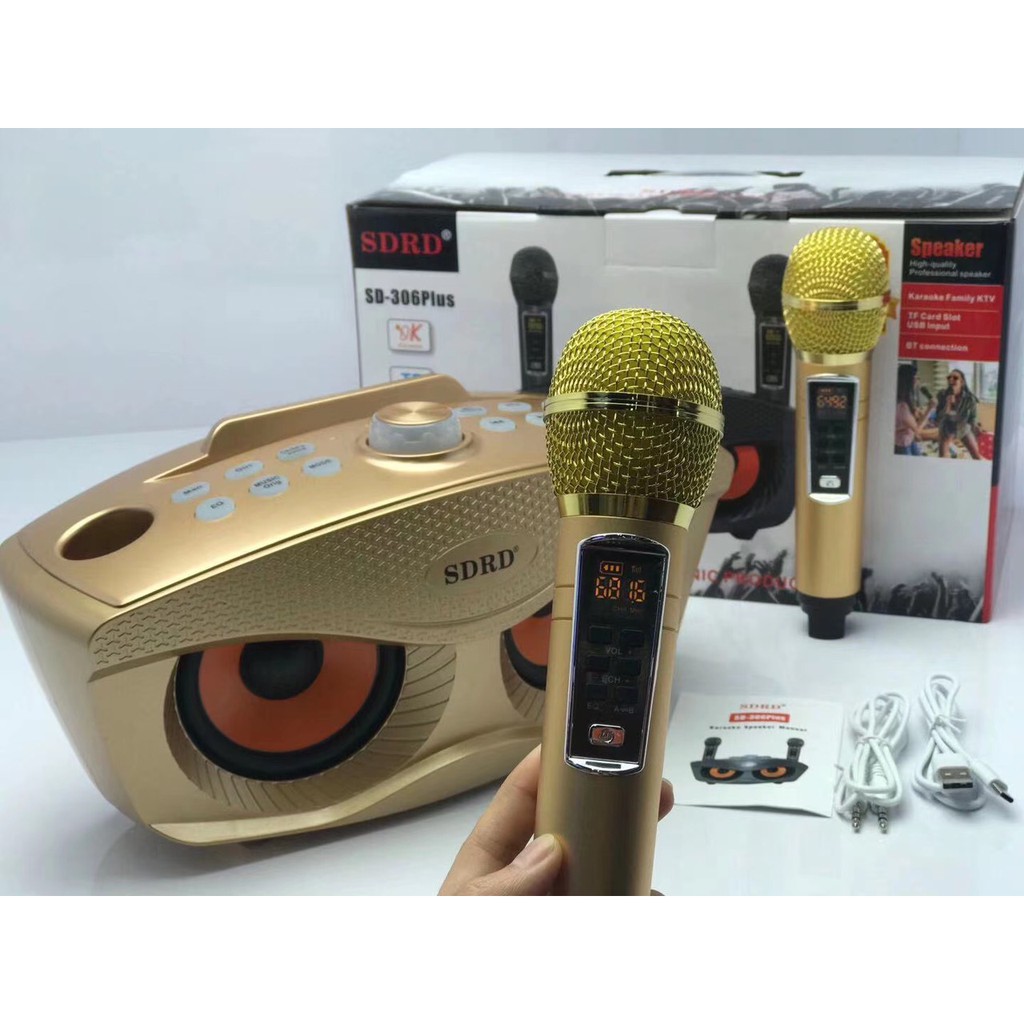 Loa karaoke bluetooth SDRD SD 306 Plus Đen bản mới nhất, thêm nhiều tính năng- kèm 2 Micro karaoke không dây/bh 6 tháng