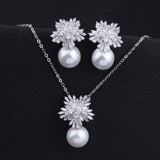 Bộ trang sức nữ bạc 925 ngọc trai nhân tạo đính đá pha lê cao cấp