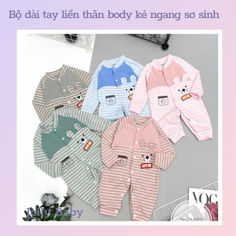 Bộ body dài tay liền thân cotton cài cúc giữa, mẫu kẻ ngang đáng yêu cho trẻ sơ sinh thu đông