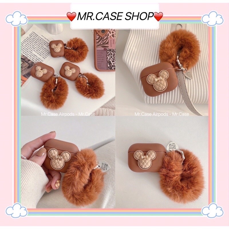 Case Airpods 1/2 /Pro Vỏ Ốp Tai Nghe Hình Mickey Nâu Kèm Cục Bông - Mr.Case AirPods