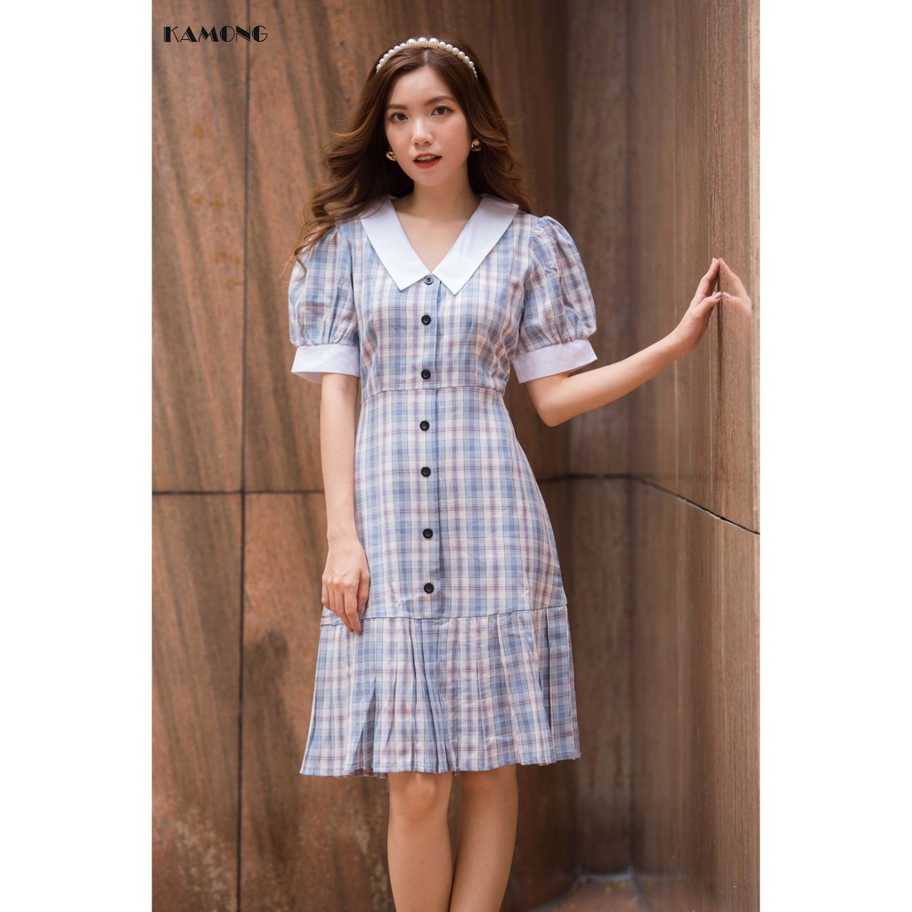 Đầm cổ sen caro xếp ly KAMONG D087
