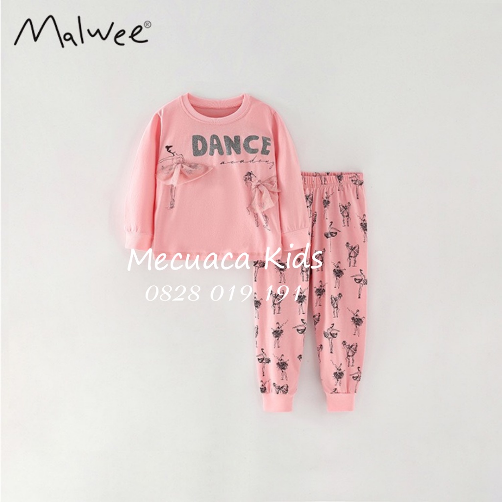[90-140] Bộ ngủ dài tay cotton mặc nhà thu đông cho bé gái Malwee Dance hồng