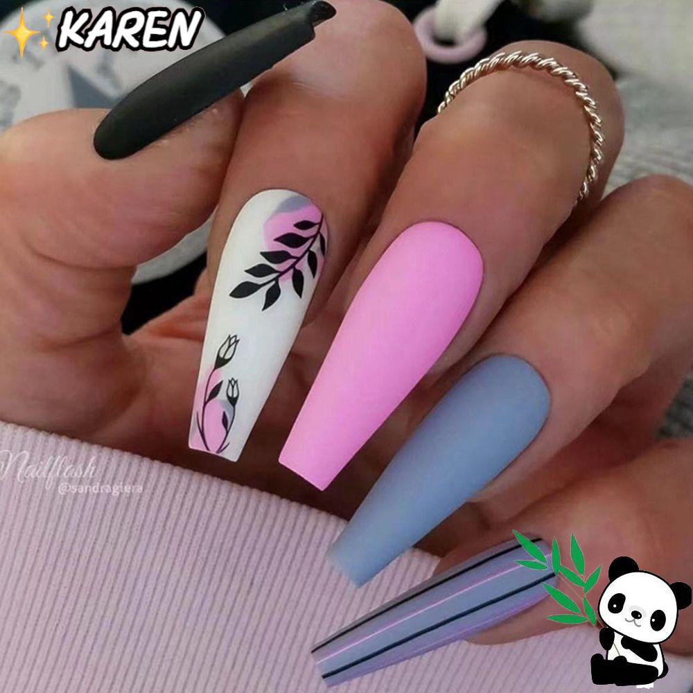 ❀KAREN❀ 24pcs/Box Press On Nails Flower|Coffin False Nails Artificial Nail Tips Wearable Detachable Manicure Tool Ballerina Full Cover French Fake Nails