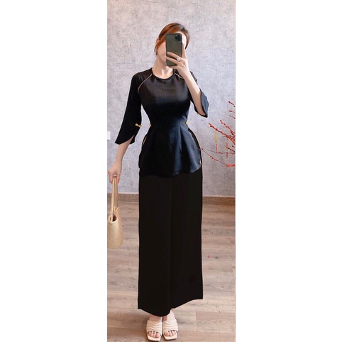 Bộ lam bà ba ống suông tay lỡ xẻ tà