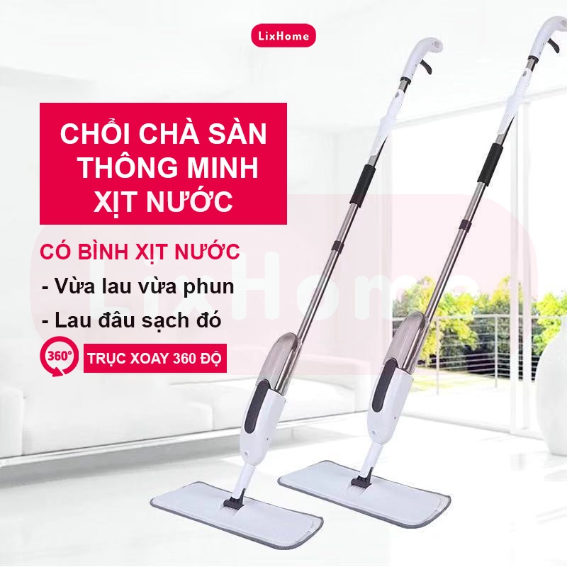 Chổi chà sàn thông minh có bình xịt nước tiện lợi, cần quay 360 độ, chổi lau nhà lau tốt cả nền khô nền ướt (KHOSKHOSI)