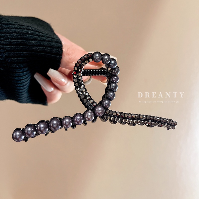 Kẹp Tóc Cá Mập Đính Đá Ngọc Trai Màu Đen Phong Cách Cổ Điển