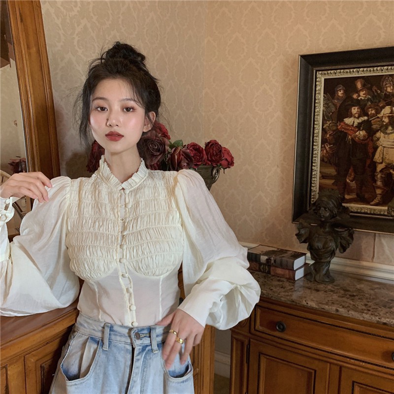 Áo sơ mi tay dài phối bèo nhún phong cách cổ điển kiểu Pháp | BigBuy360 - bigbuy360.vn