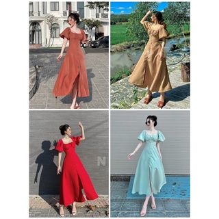 Đầm maxi cổ vuông nút bọc tay bồng