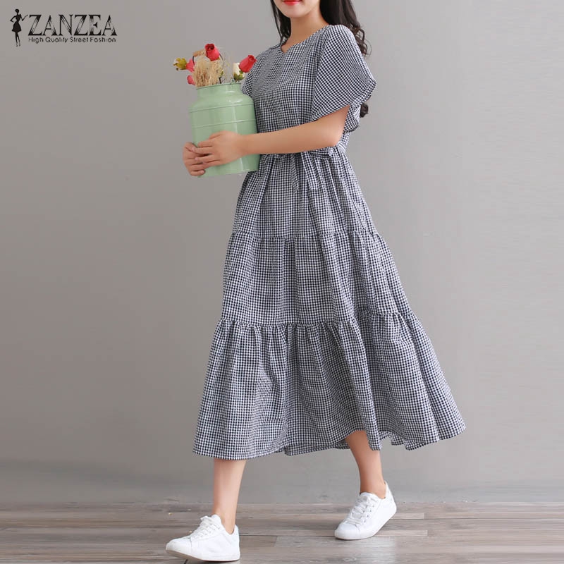 Đầm babydoll họa tiết kẻ sọc ZANZEA phối thắt lưng thời trang cho nữ