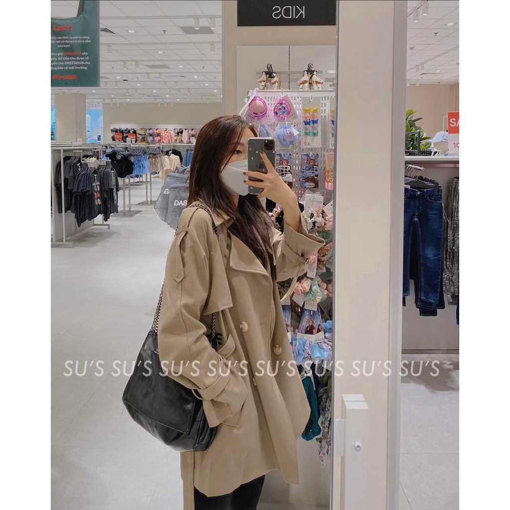 Áo khoác măng tô dáng dài kèm thắt lưng, Áo khoác dài tay form rộng màu đen, nâu thời trang Hàn Quốc
