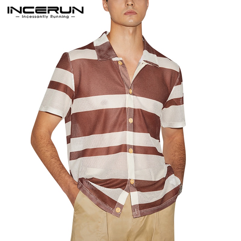 INCERUN Áo Sơ Mi Tay Ngắn Họa Tiết Kẻ Sọc Nhiều Màu Sắc Thiết Kế Thoải Mái Thời Trang Cho Nam