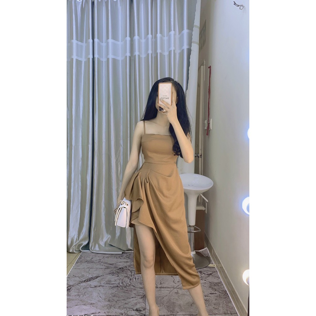 [ẢNH CHÍNH CHỦ]_Đầm Tiệc 2 Dây Nhún Xếp Ly Xẻ đùi Sexy Mềm Mịn 4 Màu HANNAHOUSE 1364 | BigBuy360 - bigbuy360.vn