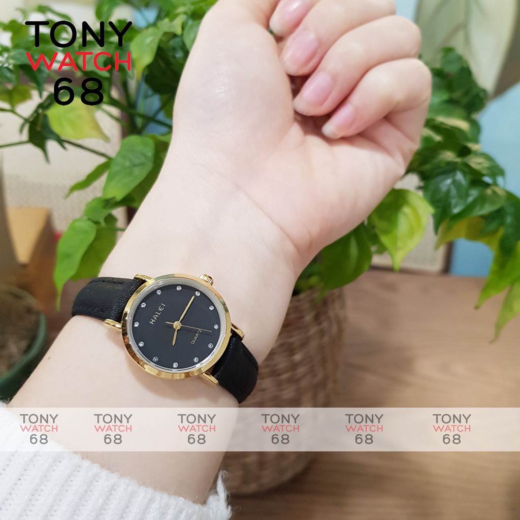 Đồng hồ cặp đôi nam nữ Halei mặt đá dây da đen chính hãng Tony Watch 68 | BigBuy360 - bigbuy360.vn