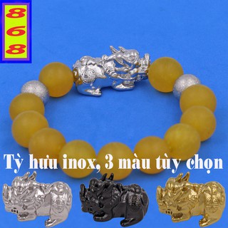 Vòng tay chuỗi hạt đá vàng mờ 14 ly ( size XL ) charm Tỳ Hưu 2 bi inox - Hợp mệnh Kim, mệnh Thổ - Vòng size lớn