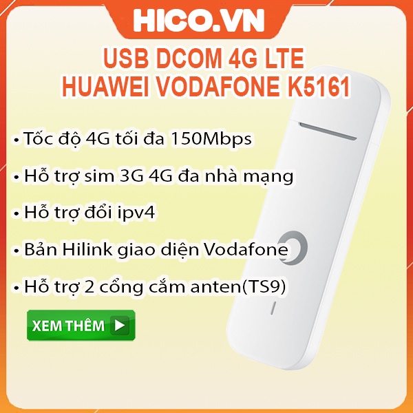 USB Dcom 4G HUAWEI VODAFONE K5160 K5161 Chạy Bộ Cài Mobile Parter - Hỗ TRợ Đổi Ip - Tốc Độ 150Mbps