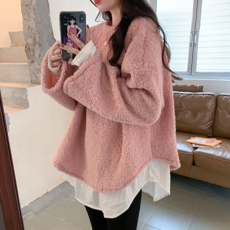 Áo len giả hai lớp giả lông cừu màu hồng dễ thương