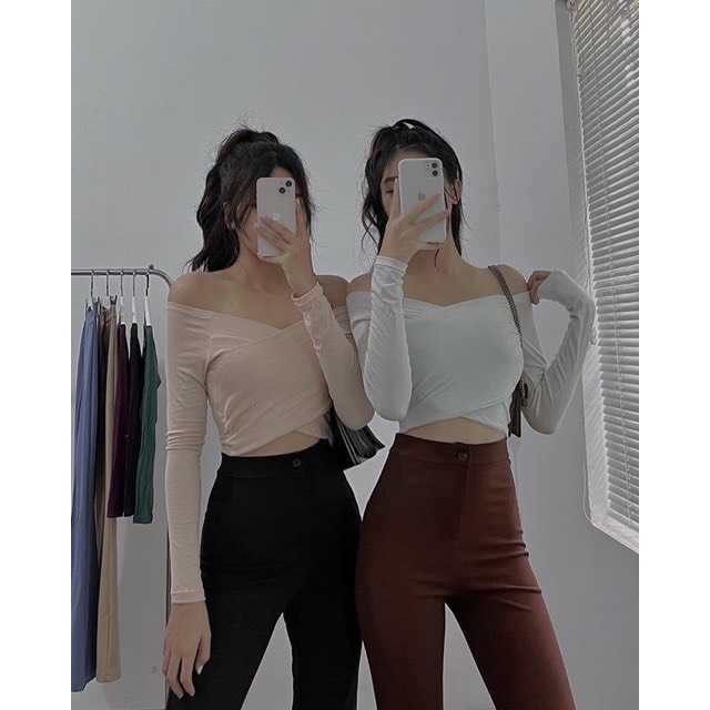 Áo Croptop Tay Dài Đắp Chéo Trễ Vai Ôm - Trơn - AK0063 | 23tshop