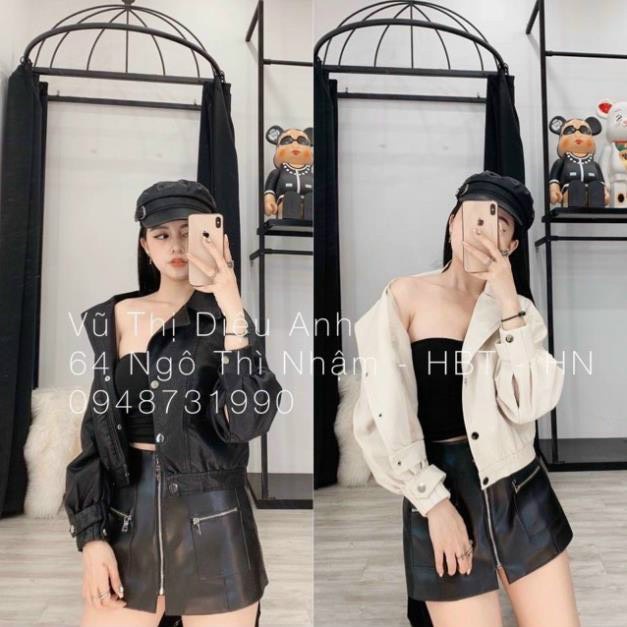 Áo khoác da bomber túi trước, áo khoác da nữ phong cách cá tính trẻ trung năng động mặc đi chơi đi học đi làm
