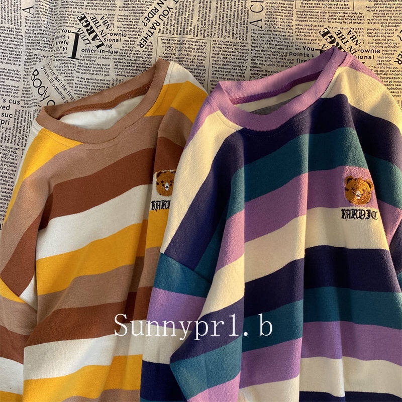 Áo sweater kẻ sọc thêu hình gấu đáng yêu cho nữ mùa xuân thu
