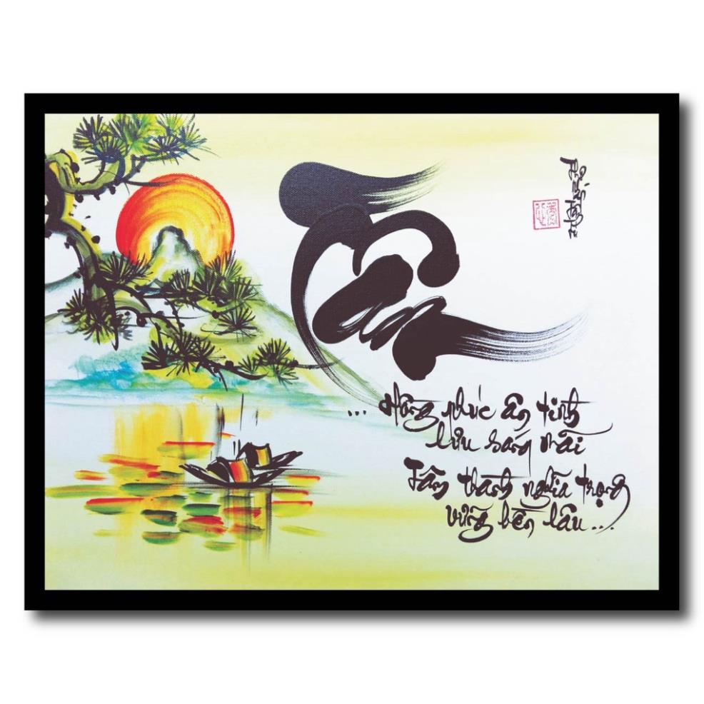 Tranh thư pháp treo tường, tranh chữ thọ, chữ phúc, chữ tâm, chữ cha mẹ kèm khung trang trí nhà cửa