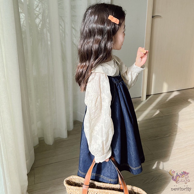 Bộ Đầm Yếm Denim + Áo Sơ Mi Thêu Họa Tiết Xinh Xắn Theo Phong Cách Hàn Quốc Dành Cho Bé Gái