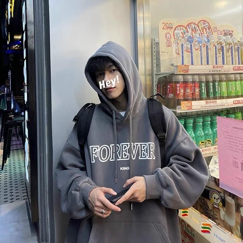 Áo Hoodie Unisex Nỉ Bông FOREVER Xám Khói Tay Dài Túi Bụng