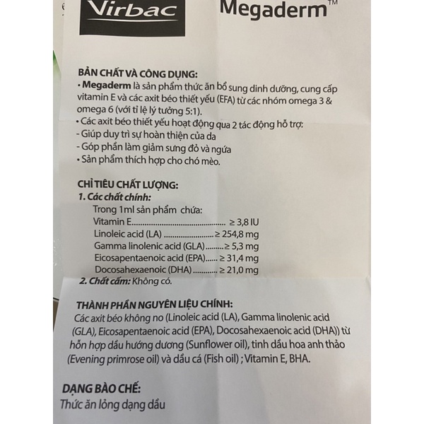 Gel Dinh Dưỡng Chăm Sóc Lông Da Cho Chó Mèo Megaderm Virbac
