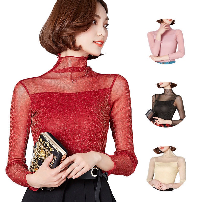 Áo sweater dài tay phối ren lưới kẻ sọc thiết kế quyến rũ